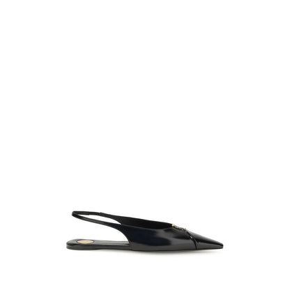 Saint Laurent Black Calf Leather Bos Taurus Ballet Flats with bronze CASSANDRE detail and elastic strap, side view.