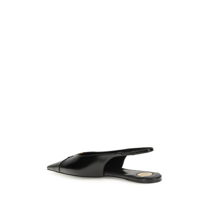 Saint Laurent Black Calf Leather Bos Taurus Ballet Flats featuring cut-out toe and bronze CASSANDRE detail, side view.