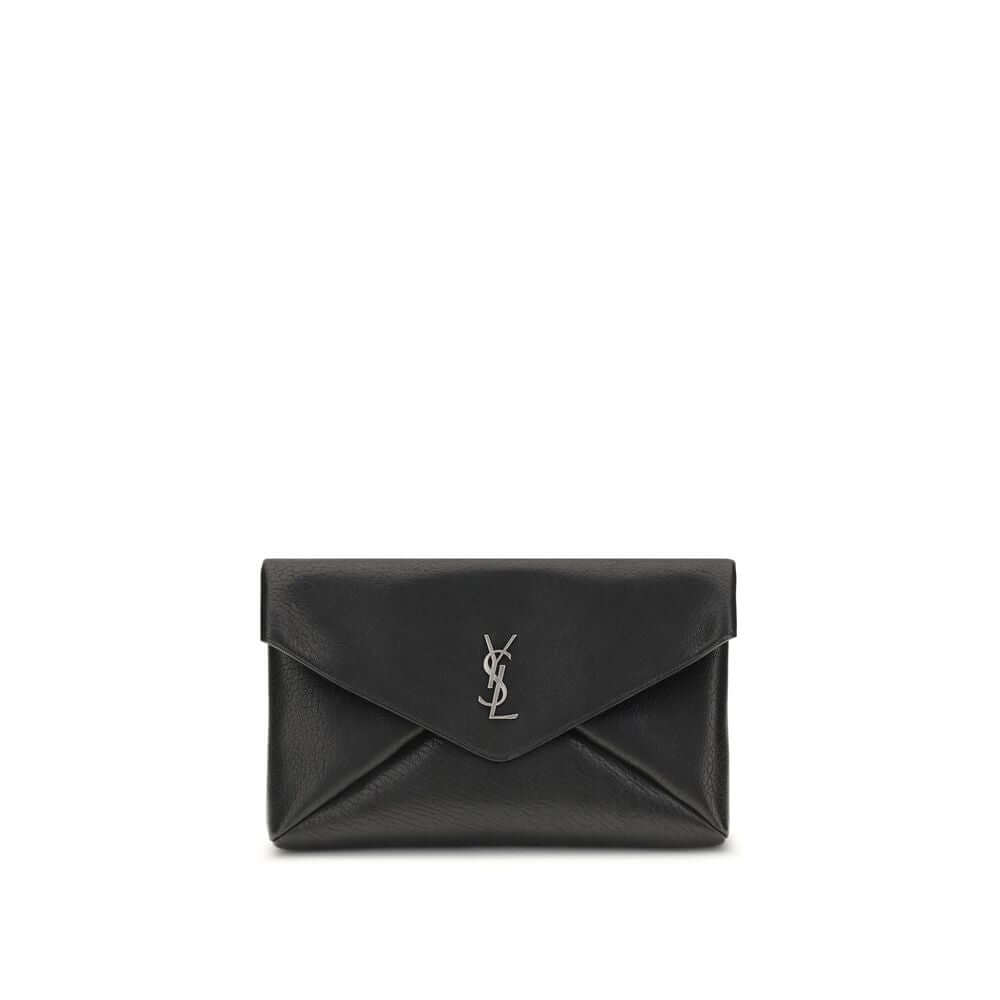 Saint Laurent Black Calf Leather Bos Taurus Clutch Bag with silver logo and magnetic closure.