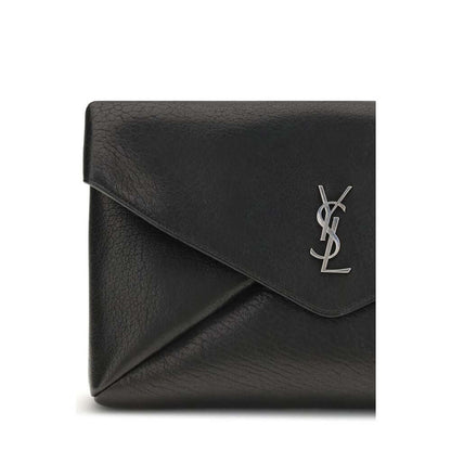 Saint Laurent Black Calf Leather Bos Taurus Clutch Bag with silver logo and magnetic closure front view