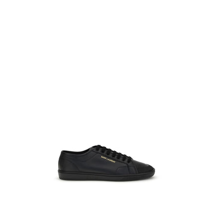 Saint Laurent Black Calf Leather Bos Taurus Low Top Sneakers with lace-up closure and gold signature on side.