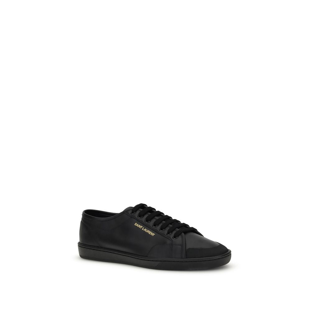 Saint Laurent Black Calf Leather Bos Taurus Low Top Sneakers with gold logo and flat rubber sole, elegant and urban style.