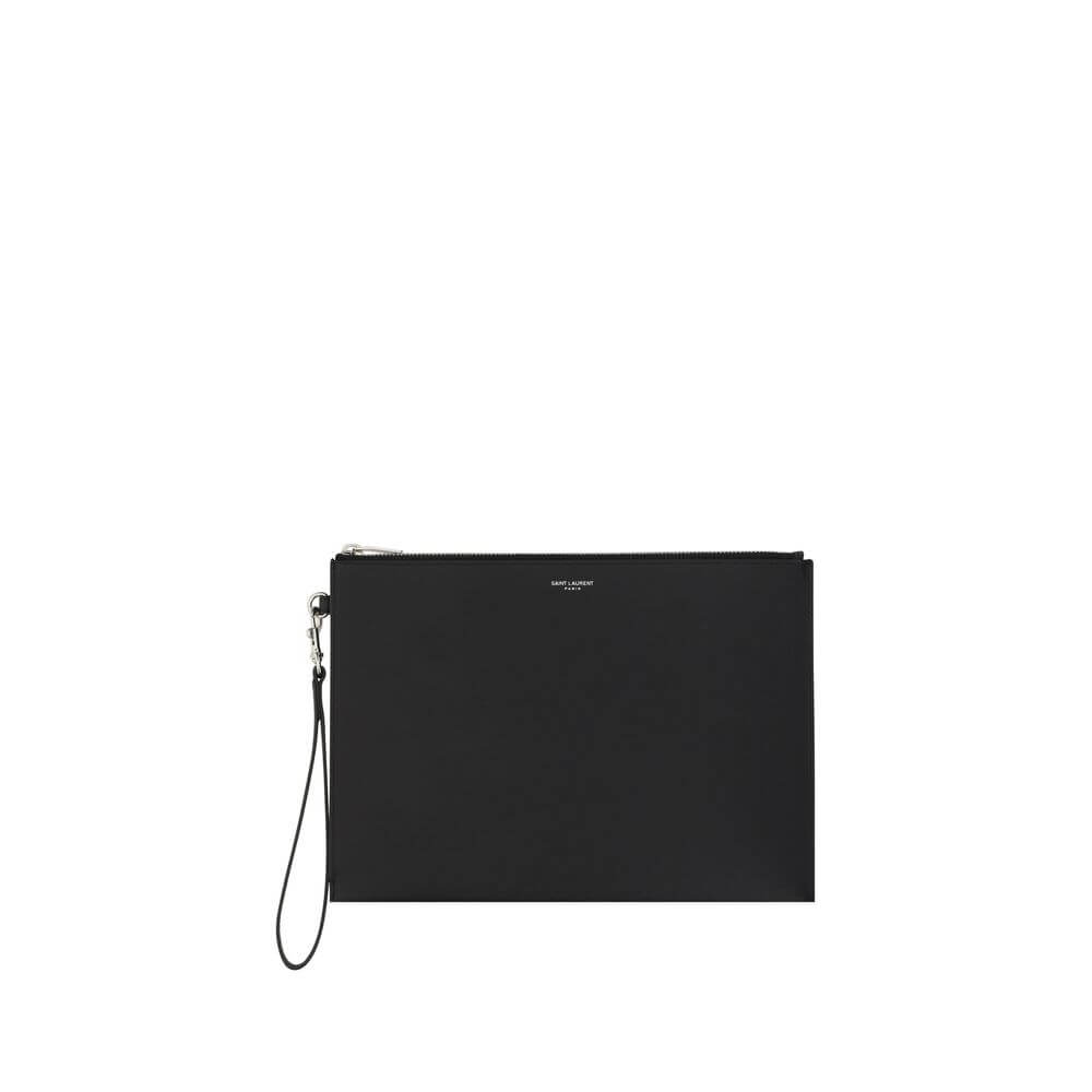 Saint Laurent Black Calf Leather Bos Taurus Other Accessories iPad Holder with zipper, brand monogram, and side strap.
