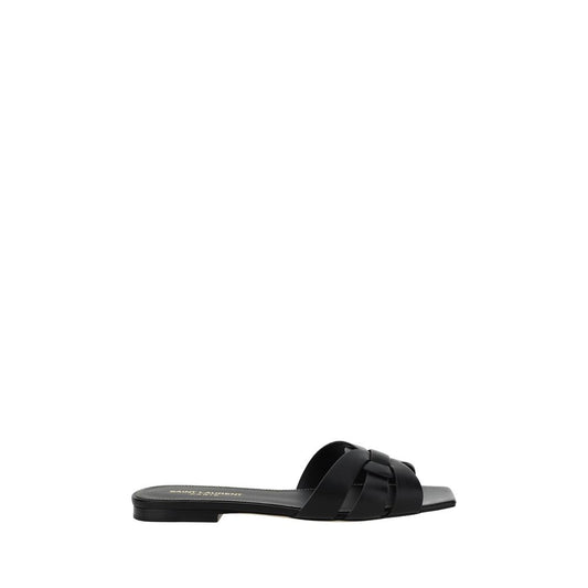 Saint Laurent Black Calf Leather Bos Taurus Sandals with braided design, open square toe, slight block heel, AW25 collection.