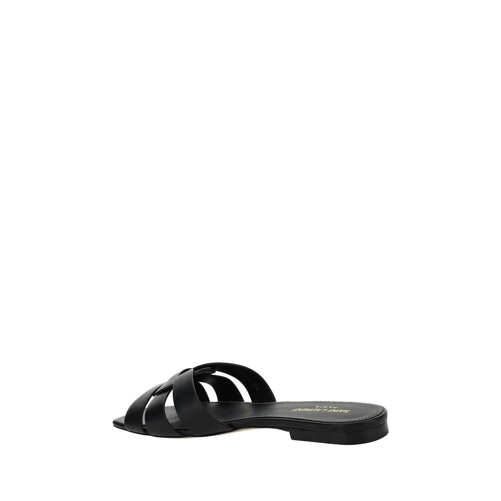 Saint Laurent Black Calf Leather Bos Taurus Sandals, open square toe, braided design, leather block heel, luxury footwear