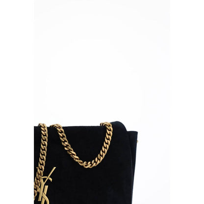 Saint Laurent Black Calf Leather Bos Taurus Shoulder Bag with chain strap, monogram detail, and suede finish.