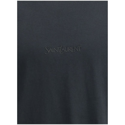 Saint Laurent Black Cotton T-Shirt with embroidered logo on front, minimalist design, ribbed crew neck for comfort.