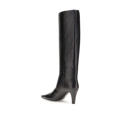Side view of Saint Laurent Black Leather Boots, featuring knee-high design with a cone heel and minimalistic aesthetic.