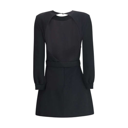 Saint Laurent Black Viscose Cocktail Dress with padded shoulders, long sleeves, and diamond-cut back view.