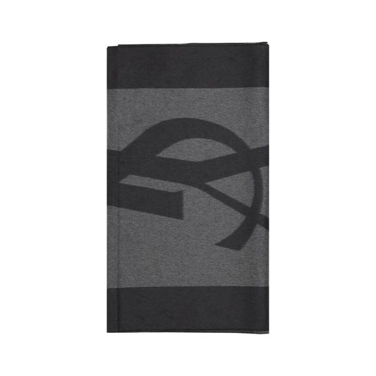 Saint Laurent Gray Silk Scarf with YSL logo, elegant design, frayed hems, made in Italy, 100% silk, fashion accessory.