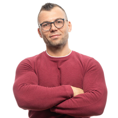 Man wearing Sandro Gray Plastic Glasses (Frames) in a red shirt