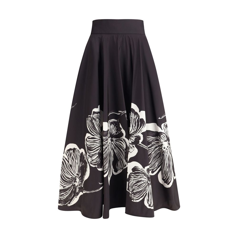 Sara Roka Black Polyester Midi Skirt with graphic floral pattern and wide silhouette, featuring practical welt pockets and side zipper.