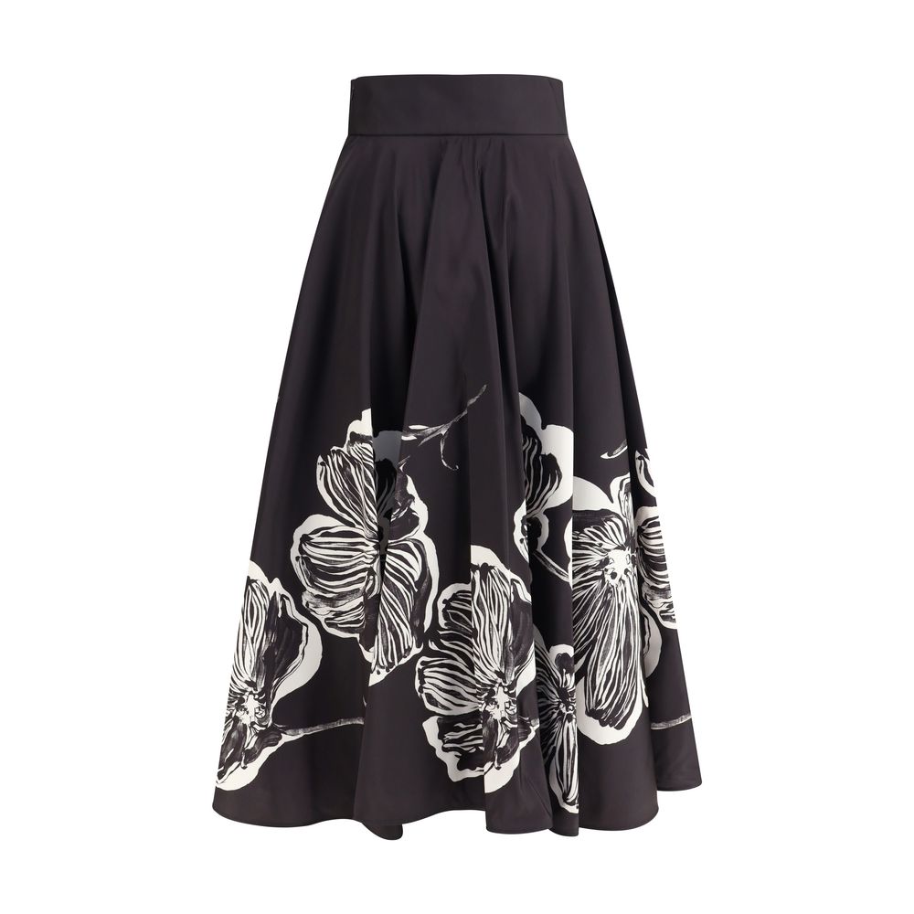 Sara Roka Black Polyester Midi Skirt with floral graphic pattern and wide silhouette, featuring discreet side zipper.