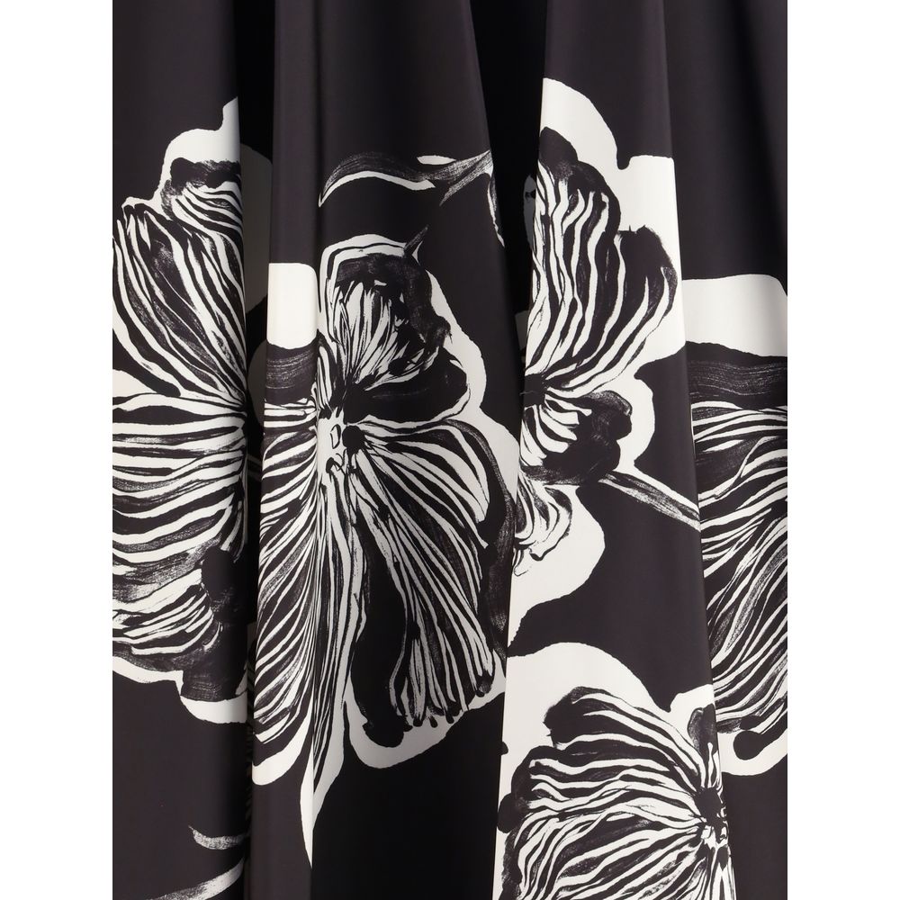 Sara Roka Black Polyester Midi Skirt with graphic floral pattern, showcasing elegant and contemporary design details.