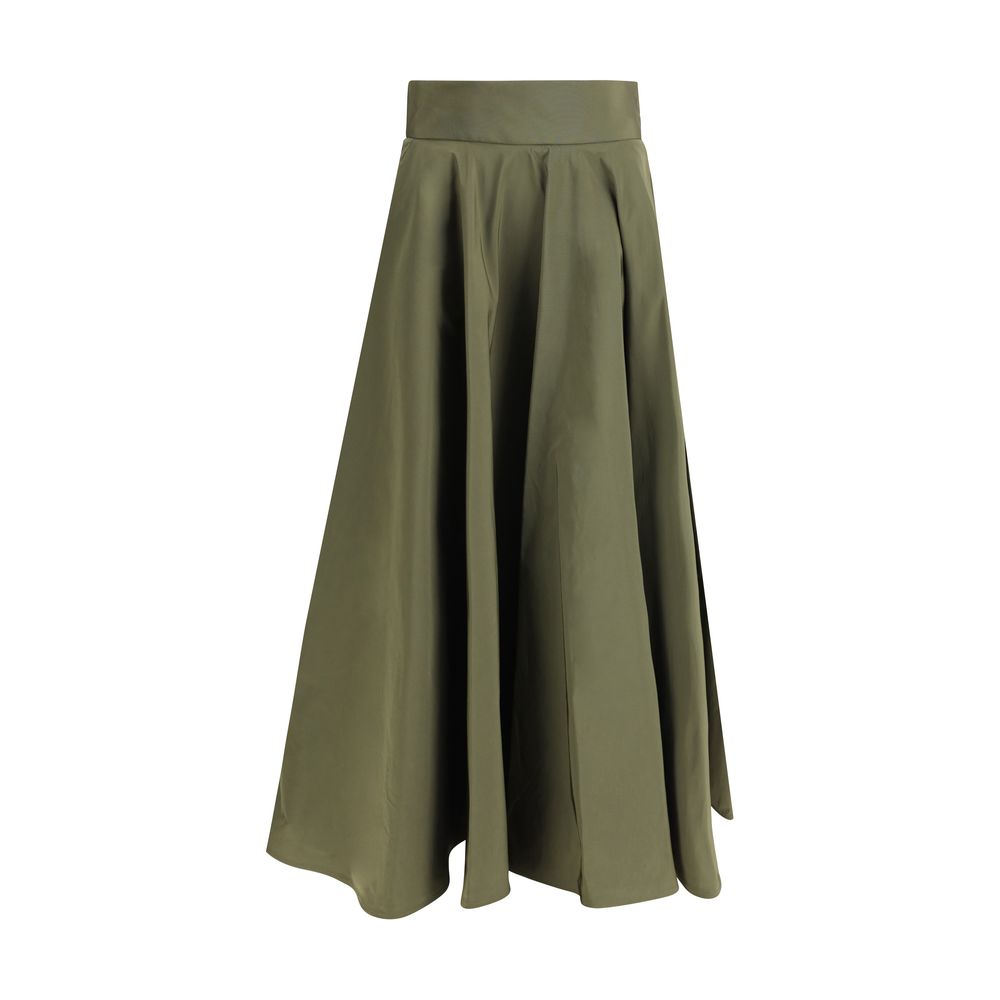 Sara Roka Green Polyester Midi Skirt with side zipper and front welt pockets, offering a sophisticated and modern style for feminine elegance.