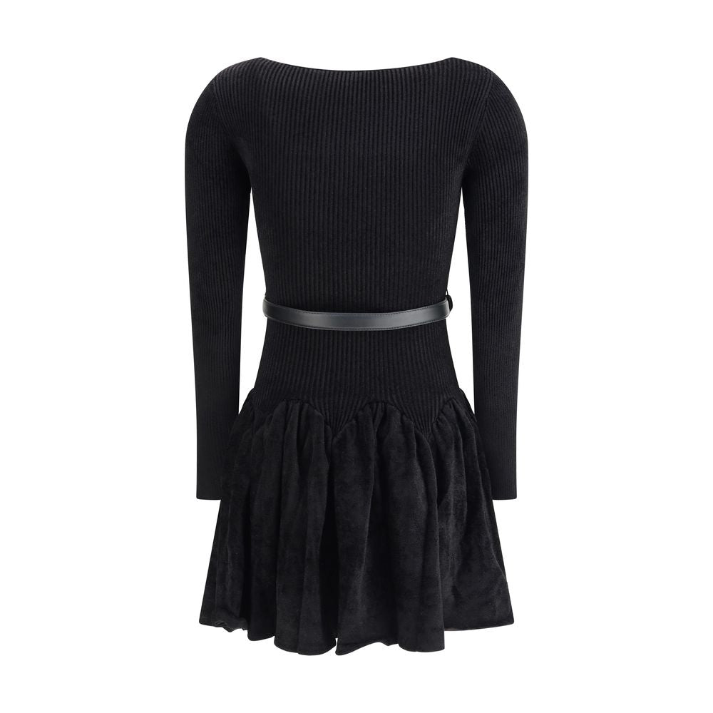 Self-Portrait Black Viscose Casual Dress with scalloped detail and removable belt, showcasing back view in chenille knit fabric.