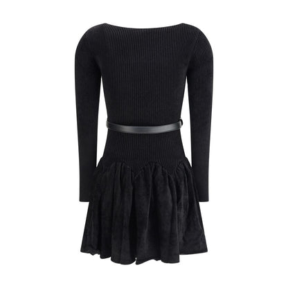 Self-Portrait Black Viscose Casual Dress with scalloped detail and removable belt, showcasing back view in chenille knit fabric.