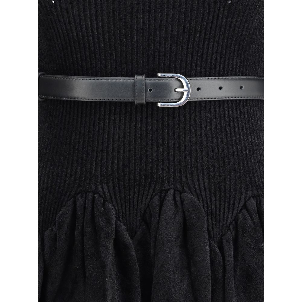 Self-Portrait Black Viscose Casual Dress showing scalloped skirt and removable belt detail