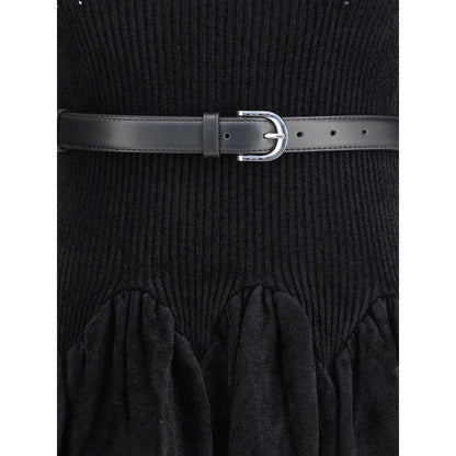 Self-Portrait Black Viscose Casual Dress showing scalloped skirt and removable belt detail