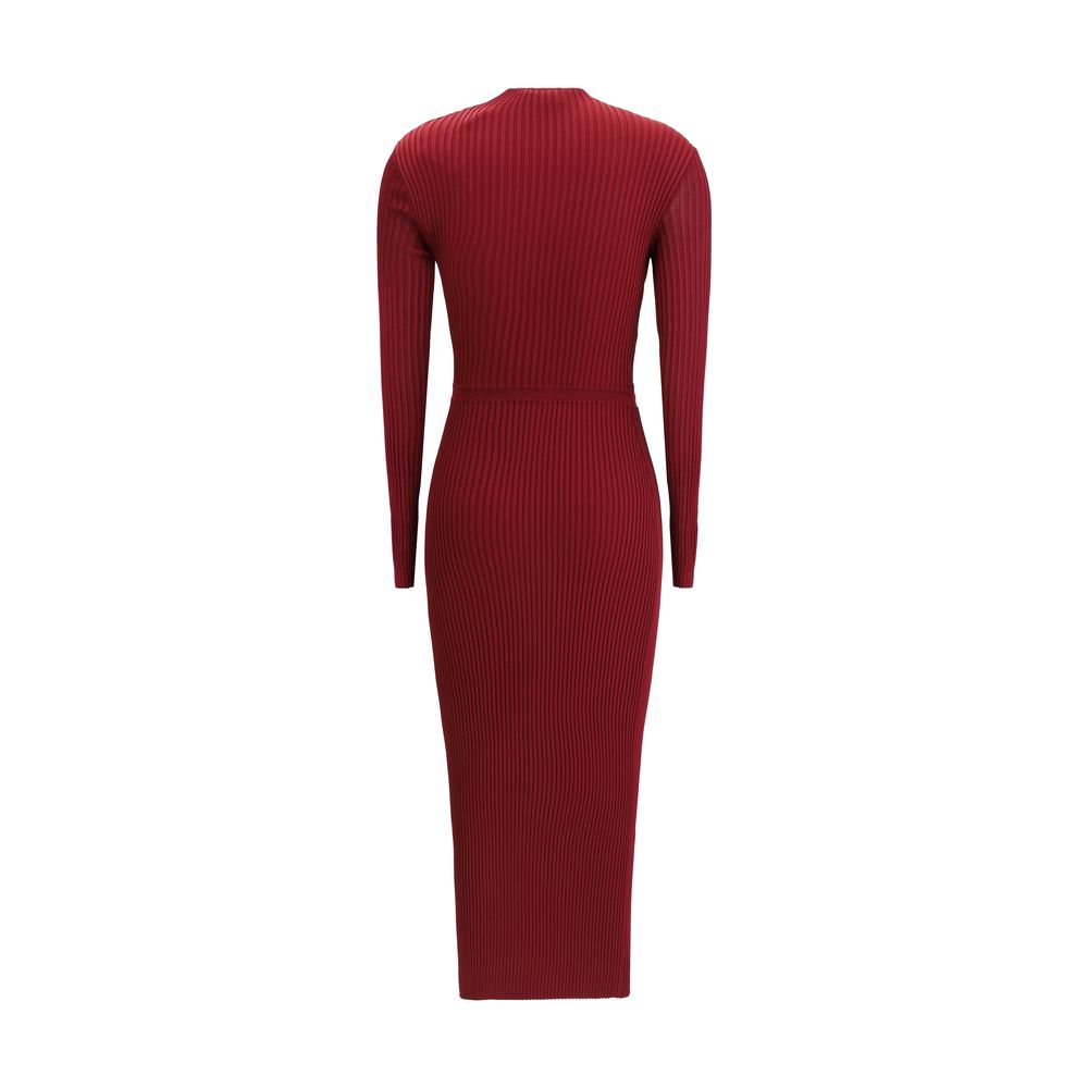 Back view of Self-Portrait Bordeaux Viscose Casual Dress with long sleeves and ribbed texture