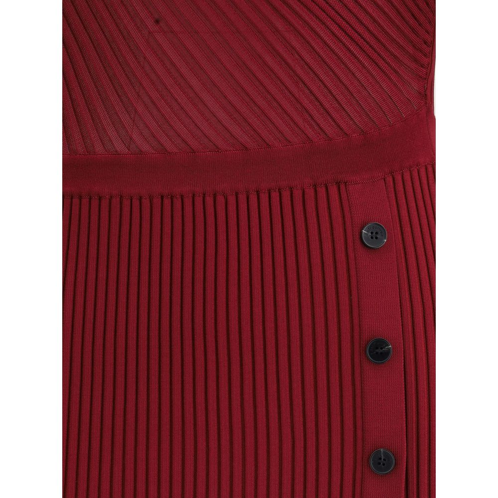 Close-up of Self-Portrait Bordeaux Viscose Casual Dress with ribbed texture and button details, showcasing modern and feminine design.