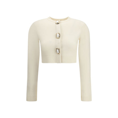 Self-Portrait Cream Wool Cardigan with decorative buttons, ribbed edges, and concealed front closure for a stylish autumn-winter look.