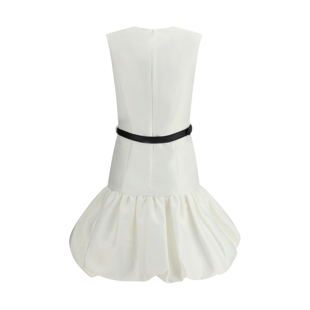Back view of Self-Portrait Taffeta short Dress with balloon skirt and leather belt, highlighting elegant silhouette and design details.