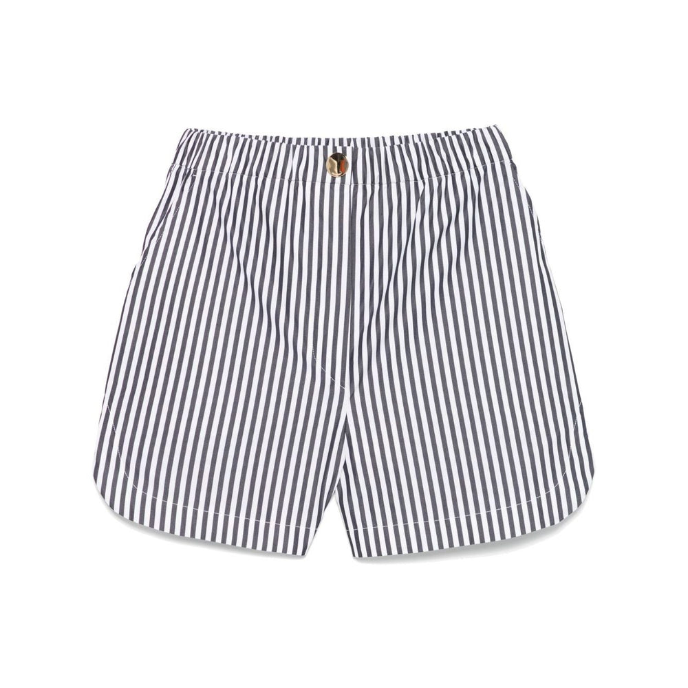 SportMax black striped cotton shorts with front button, zip fastening, elastic waistband, side slash pockets, and rear patch pockets.