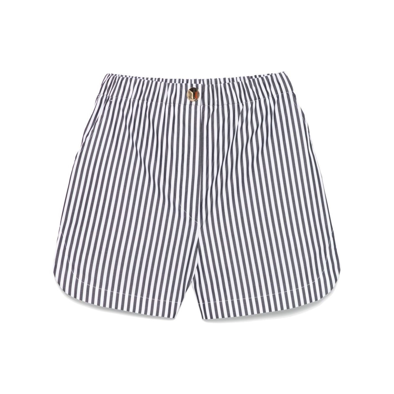 SportMax black striped cotton shorts with front button, zip fastening, elastic waistband, side slash pockets, and rear patch pockets.