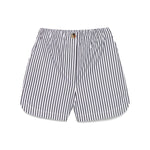 SportMax black striped cotton shorts with front button, zip fastening, elastic waistband, side slash pockets, and rear patch pockets.