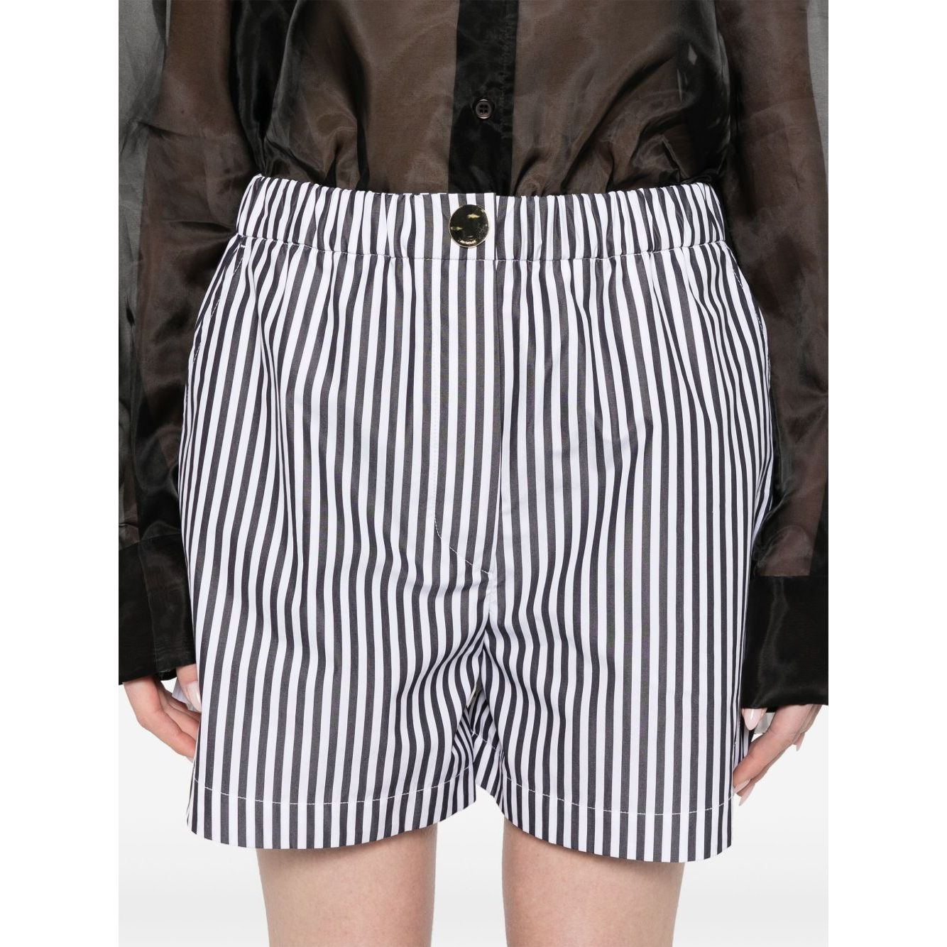 SportMax black striped cotton shorts with button and zip fastening, elasticated waistband, and multiple pockets, worn by model.