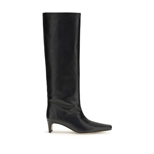 Staud Black Calf Leather Bos Taurus Boots with tapered toe and slim kitten heel, above-the-knee height for sophisticated looks.