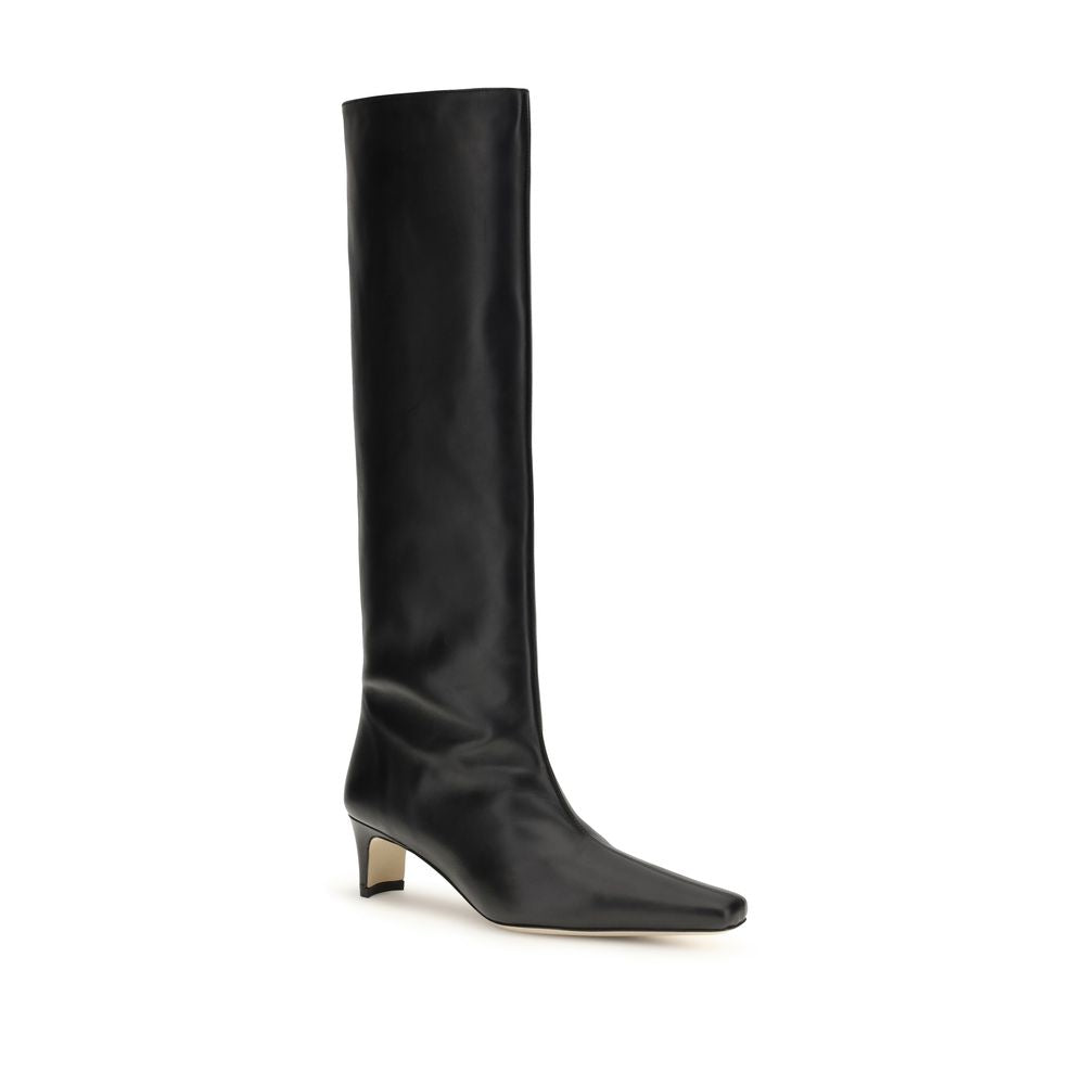 Staud Black Calf Leather Bos Taurus Boots with tapered toe and slim kitten heel, AW25 collection high above-the-knee elegant design.