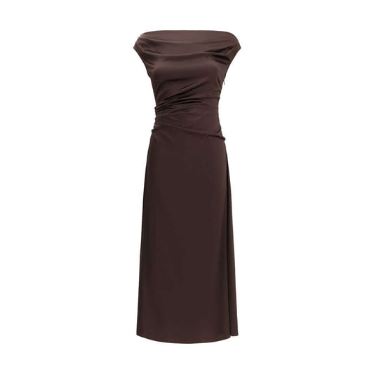 Staud Brown Silk Cocktail Dress with draped neckline, exposed shoulders, and fitted waist in stretch silk for AW25 special occasions.
