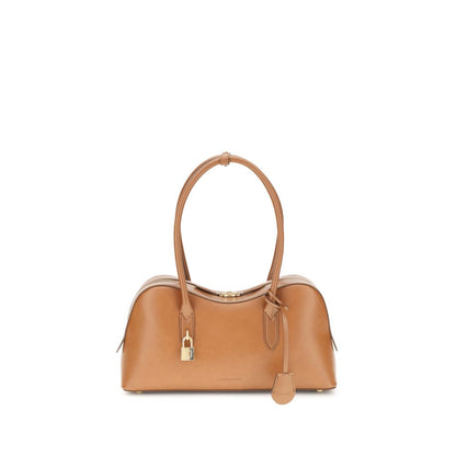 Stella McCartney Beige Nylon Shoulder Bag with logoed padlock and round handles, featuring a leatherette finish and sustainable design.