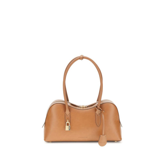Stella McCartney Beige Nylon Shoulder Bag with logoed padlock and round handles, featuring a leatherette finish and sustainable design.
