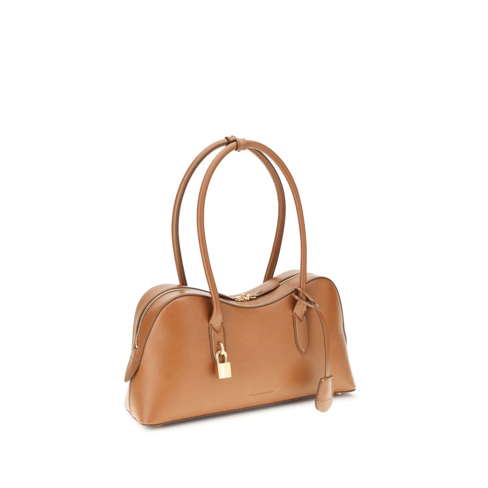 Stella McCartney Beige Nylon Shoulder Bag with logo padlock and round handles, medium size, showcasing elegance and sustainability