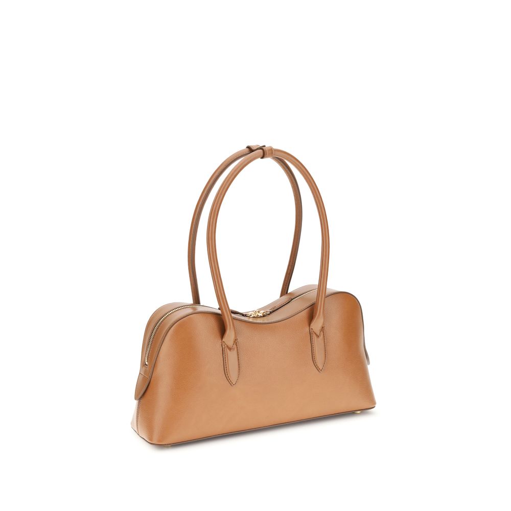 Stella McCartney Beige Nylon Shoulder Bag with embossed logo, featuring round handles and zippered closure, showcasing elegance and sustainability.