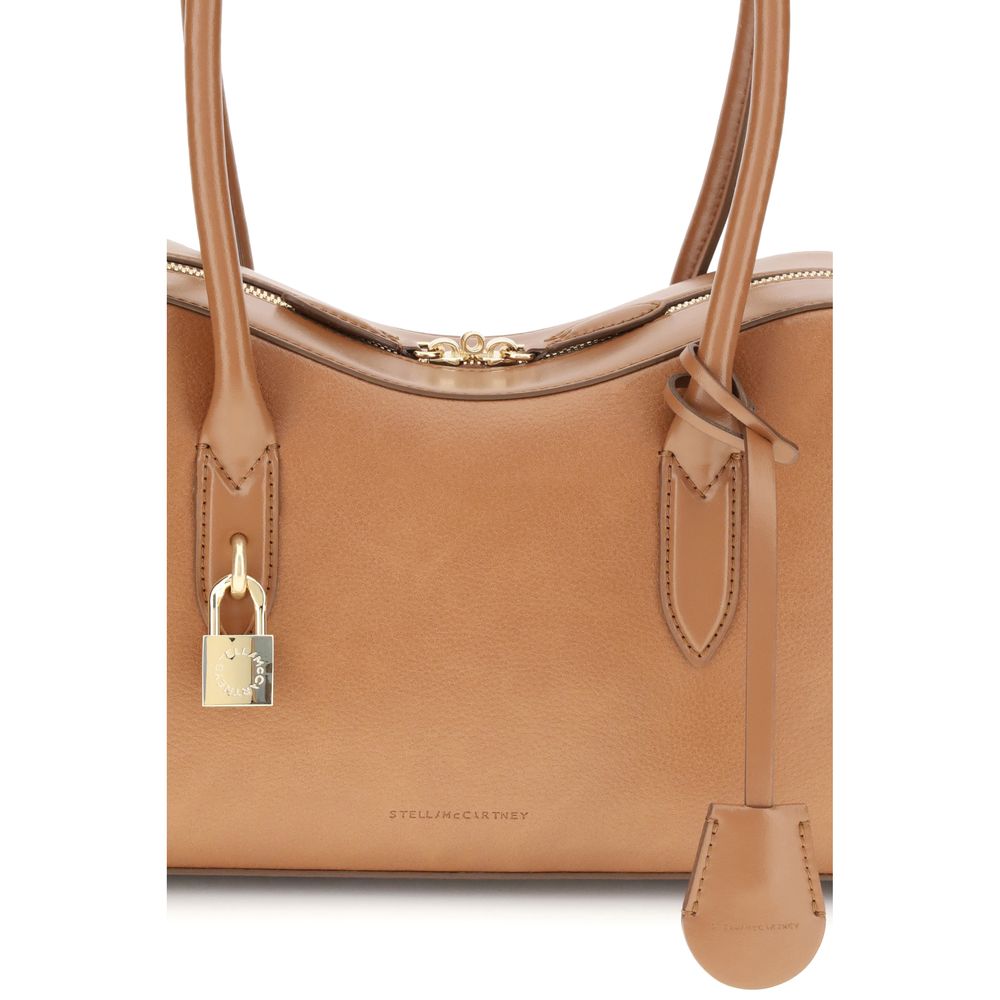 Stella McCartney Beige Nylon Shoulder Bag with logoed padlock, leatherette material, dual handles, zipper closure, and embossed logo detail.