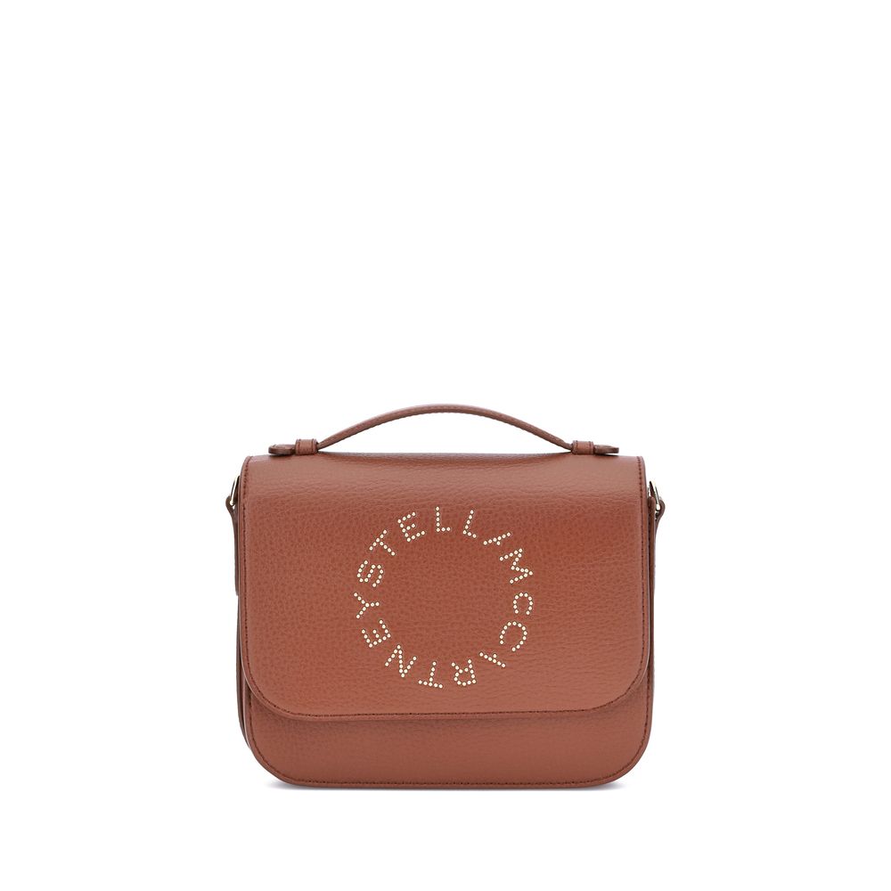 Stella McCartney Logo Flap Bag Eco Embossed Grainy Alter with monogram on faux leather, featuring adjustable shoulder strap and magnetic closure.