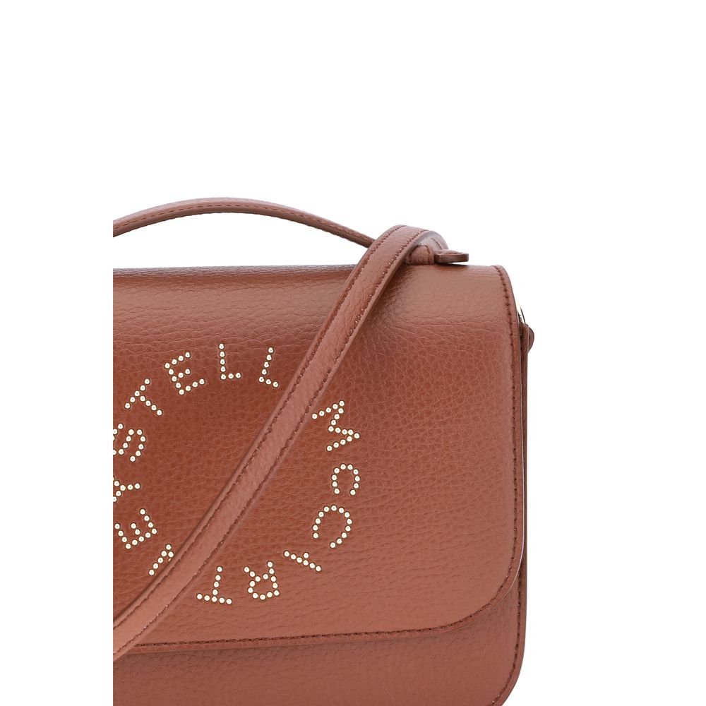 Stella McCartney Logo Flap Bag Eco Embossed Grainy Alter in brown with monogram, adjustable strap, and magnetic closure.