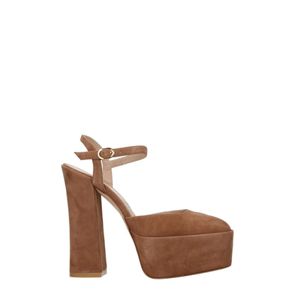 Stuart Weitzman Beige Leather Platform Sandals with buckle closure and high heel, suede material, and gold details.