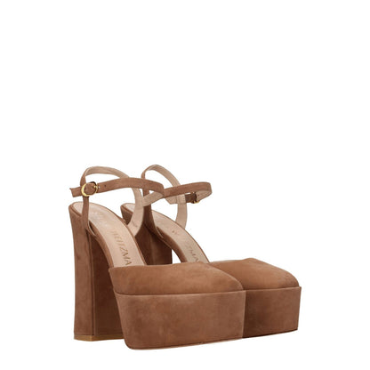 Stuart Weitzman Beige Leather Platform Sandals with high heel and buckle closure, featuring suede material and leather sole.