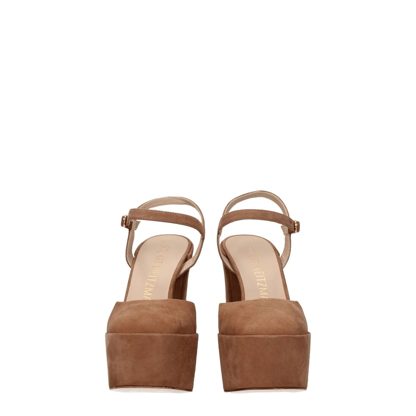 Stuart Weitzman Beige Leather Platform Sandals with buckle closure and high heel, suede material, round toe, and leather sole.