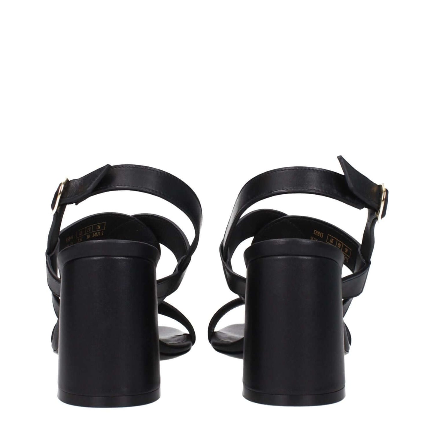 Back view of Stuart Weitzman Black Leather Platform Sandals with buckle closure and mid heels, showcasing the open toe design.