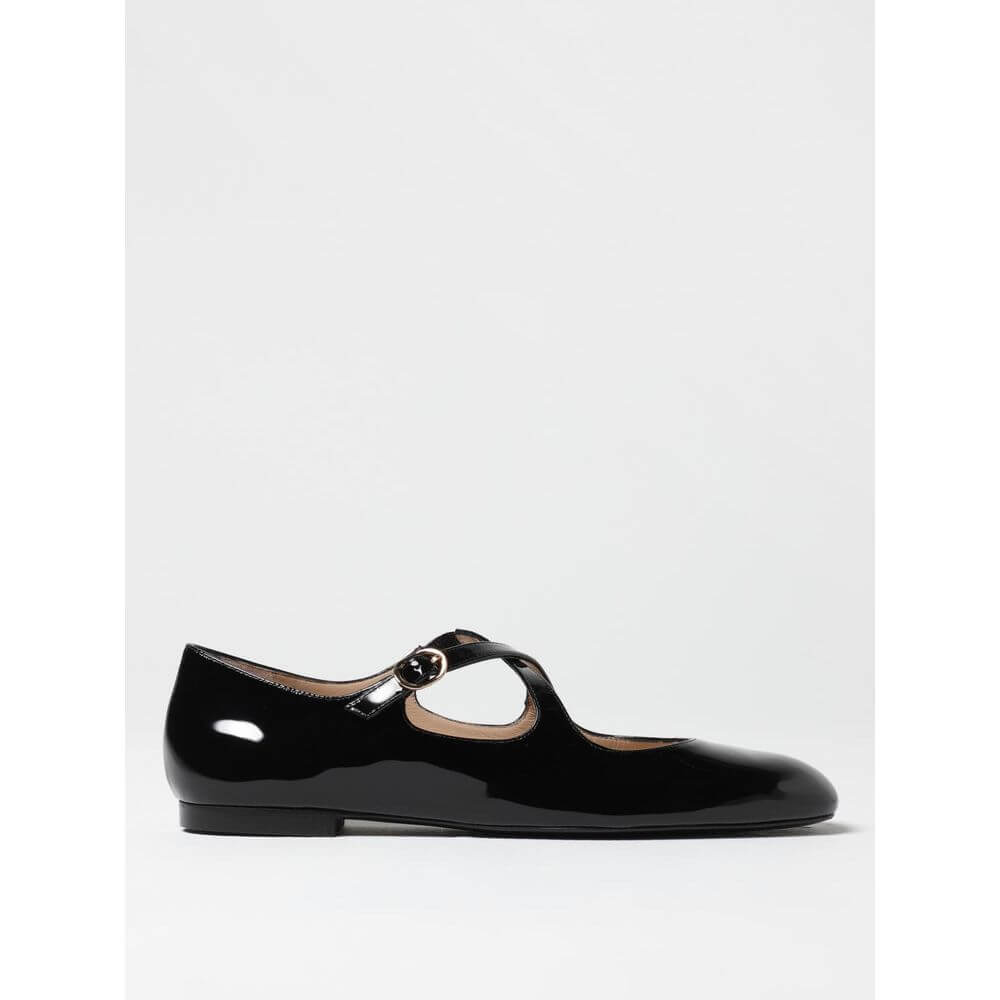 Stuart Weitzman Black Patent Leather Ballet Flats for women, size 6.5, featuring elegant design and glossy finish.