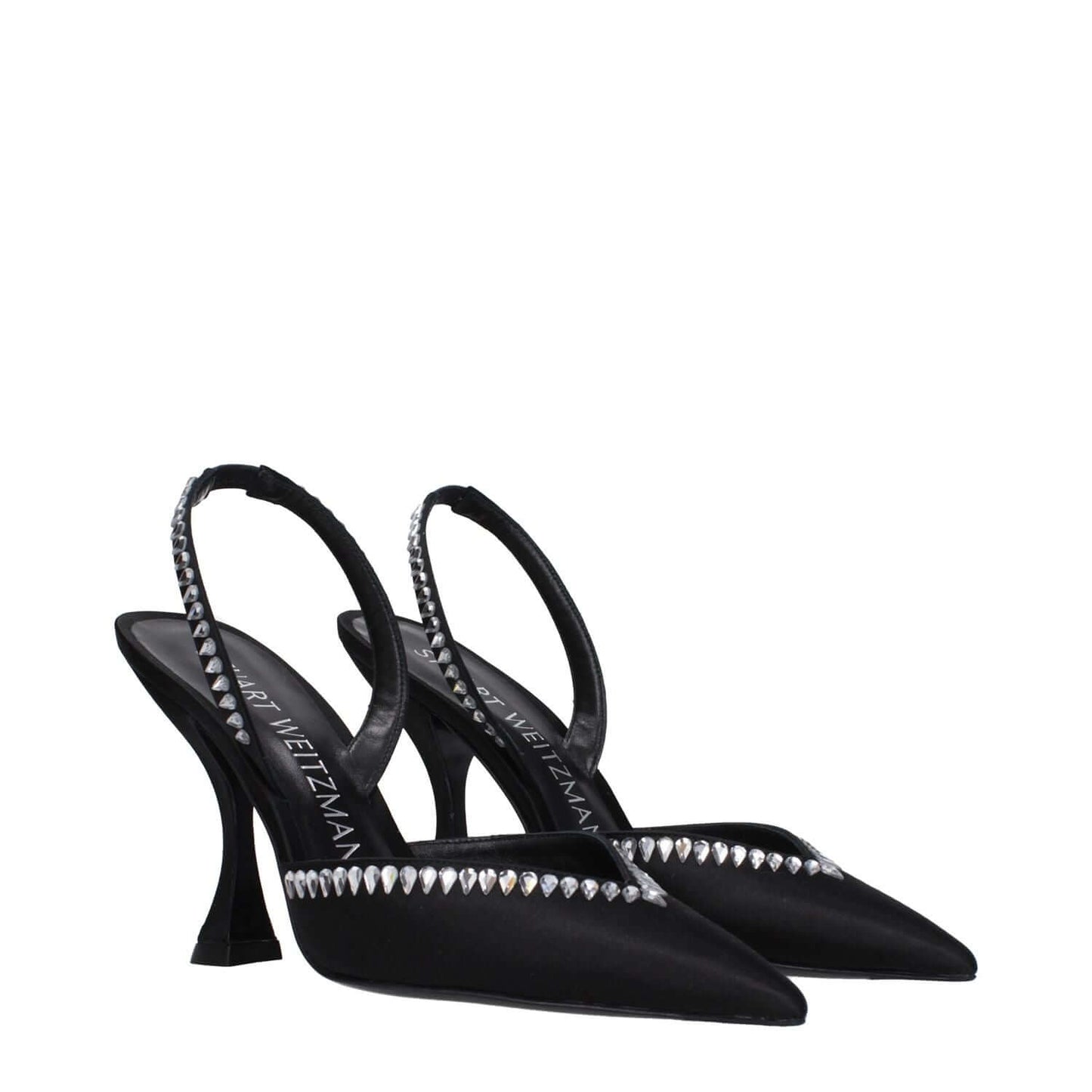 Stuart Weitzman Black Satin Stiletto Heel Sandals with Rhinestones and Leather Sole