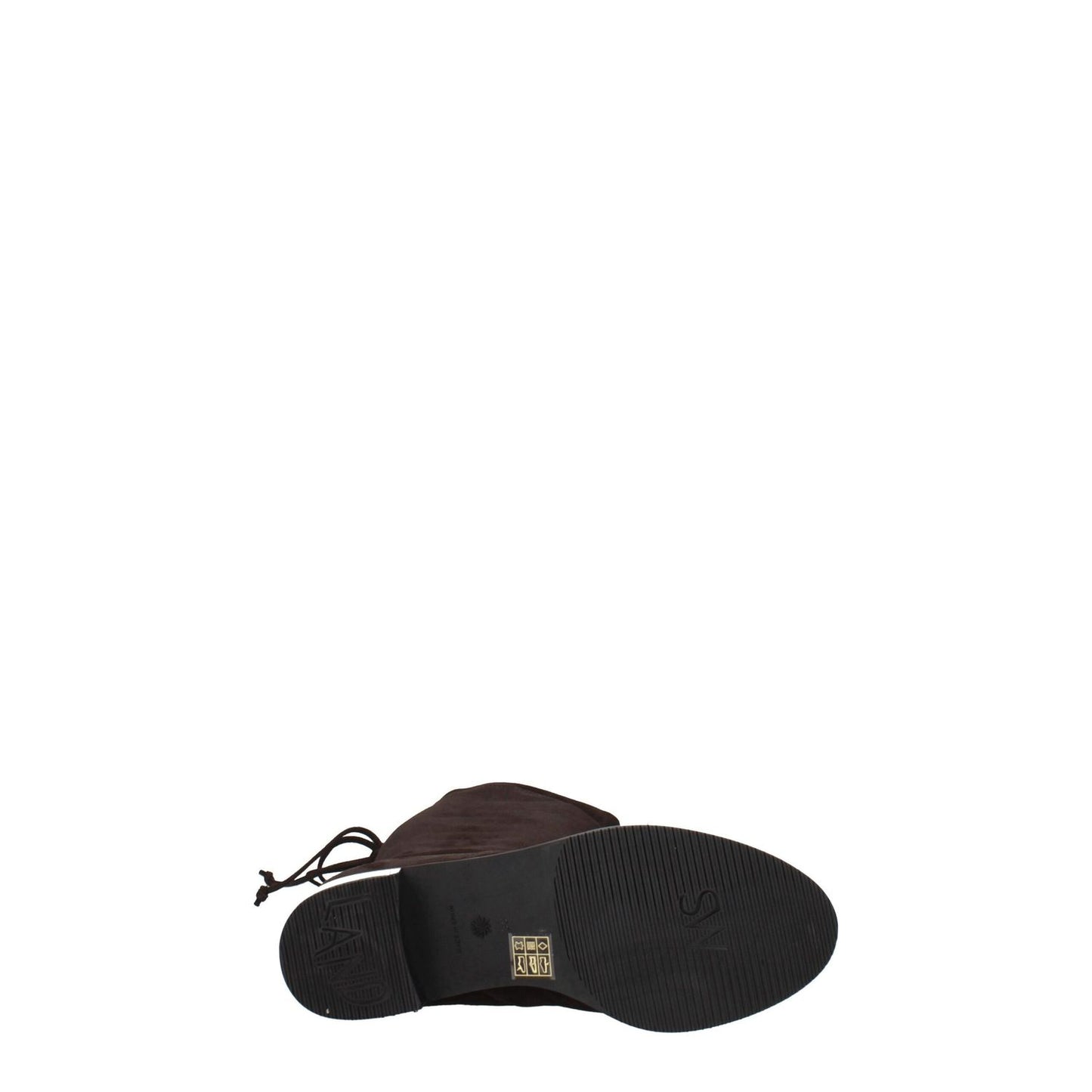 Sole view of Stuart Weitzman Brown Leather Over The Knee boots with rubber sole and vintage effect.