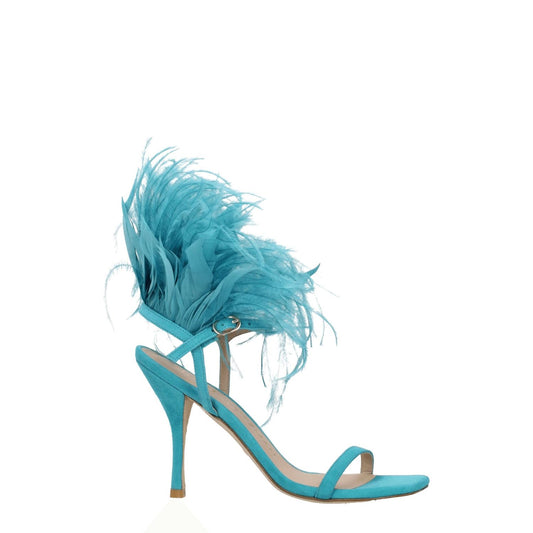 Stuart Weitzman Green Leather Stiletto Heel Sandals with feather design, open toe, and buckle closure, elegant high heel shoes.