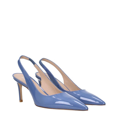 Stuart Weitzman Light Blue Leather High Heel Pumps with pointy toe and mid heels, made from patent leather, style code F76563.